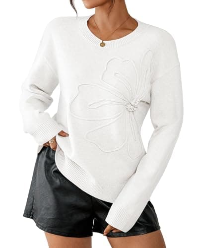 Pink Queen 2026 Women's Crew Neck Long Sleeve Pullover Sweater Ribbed Knit Floral Texture Casual Jumpers Tops White M