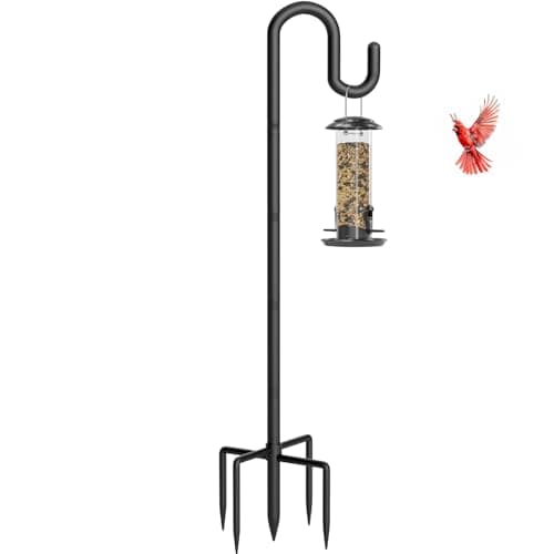 Gientan Shepherds Hook for Bird Feeder, 108" Extra Tall Double Bird Feeder Pole with 5-Prong Base, Heavy Duty Thickened Metal Shepherd Hook for Outdoor Plant Baskets, Lanterns, Black, 1 Pack