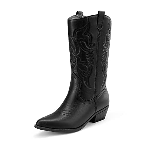 DREAM PAIRS Women's Cowboy Boots Pull On Cowgirl Boots Mid Calf Western Boots, Available in Regular and Wide Calf,Size 6.5,Black,SDMB2218W