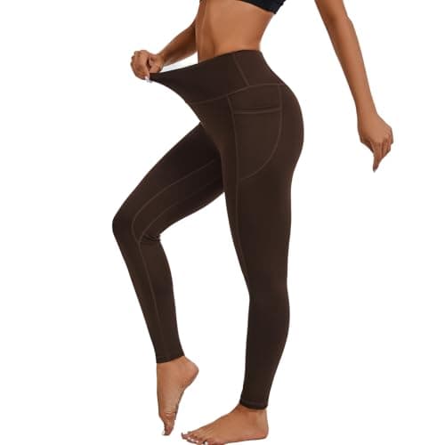 ccko High Waisted Leggings for Women with Pockets, Womens Yoga Pants Stretch Workout Leggings Tummy Control Brown