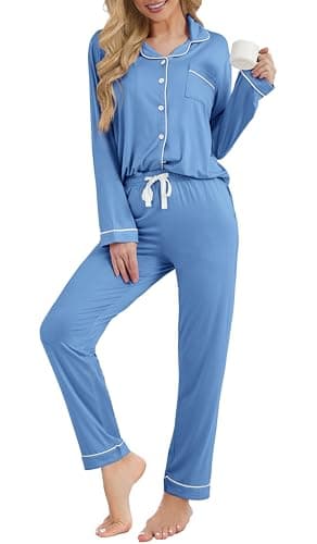 MTMHO Womens Button Down Pajamas Set Long Sleeve Sleepwear Bride Soft Pj Lounge Sets Blue XL