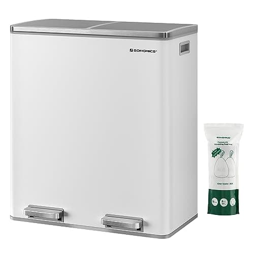 SONGMICS Trash Can, 2 x 8 Gallon (2 x 30 L) Garbage Can for Kitchen, with 15 Trash Bags, 2 Compartments, Plastic Inner Buckets and Hinged Lids, Airtight, White and Gray ULTB60WT