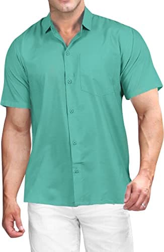 LA LEELA Men's Short Sleeve Button Down Summer Solid Shirts Casual Camp Shirt for Men Beach Business Vacation Work Shirt Tees with Pocket Funny 4XL Shamrock Green Plain