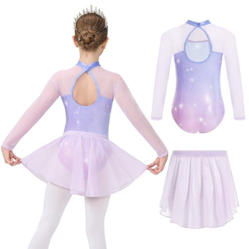 Gogokids Ballet Leotards for Girls Long Sleve Lace Leotards Toddler Dance Dress with Removable Skirt Combo for 3-12 Years