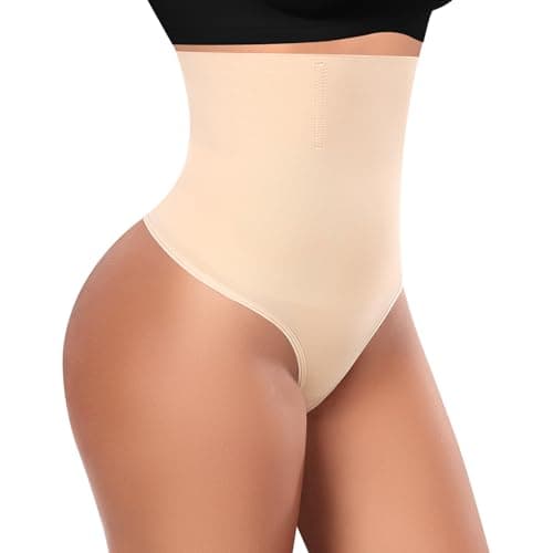 Werena Tummy Control Thong Shapewear for Women High Waisted Body Shaper Panties Shaping Thong Girdle Underwear(02# High Waisted Beige(slimmming),Large)