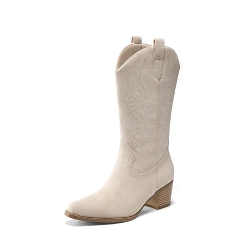 DREAM PAIRS Women's Square Toe Cowboy Cowgirl Boots Embroidered Mid Calf Western Boots Fashion Dress Low Chunky Heel Boots for Theme Party Country Concert,Size 6,Beige,DWUMMB2502