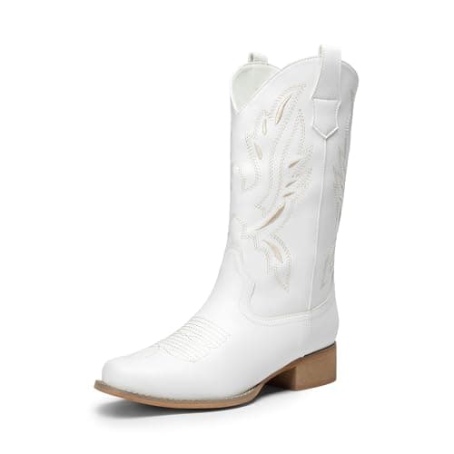 DREAM PAIRS Women's Square Toe Cowboy Cowgirl Boots Pull On Low Chunky Heel Mid Calf Western Boots with Embroidered Stitched for Theme Party Country Concert,Size 6.5,White-1,SDMB2220W