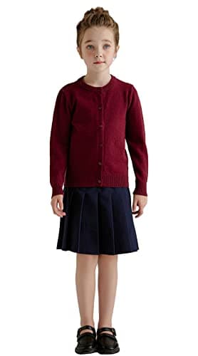 SMILING PINKER Girl School Uniform Sweater Anti-Pill Cotton Cardigan Crew Neck(Burgundy,12-13 Years)