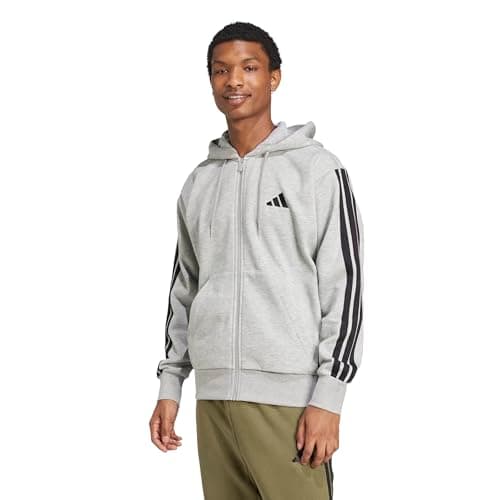 adidas Men's Essentials 3-Stripes Fleece Full-Zip Hooded Track Top, Medium Grey Heather/Black, Small