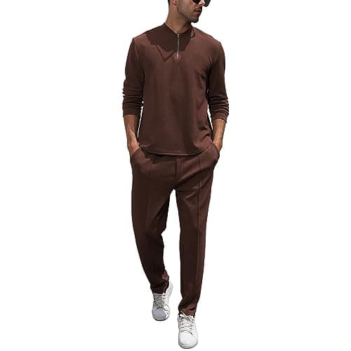FZNHQL Men's Fashion Casual Wear Two-Piece Outfits Set Henley Shirt Long Sleeve Sweatsuit Sets Vacation Track Suit 2 Piece Leisure Suit Set Coffee Small