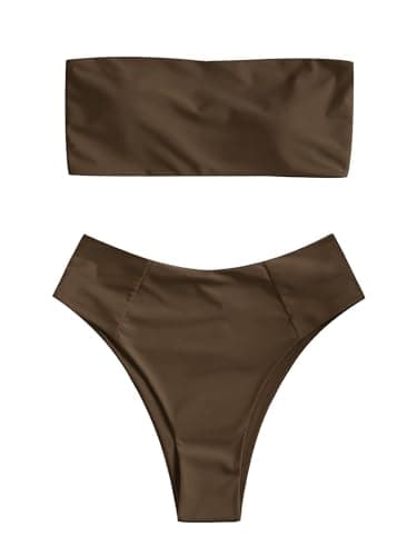 ZAFUL Women's High Cut Bandeau Bikini Set Strapless Solid Color 2 Pieces Bathing Suit Swimsuit (4-Dark Brown,M)
