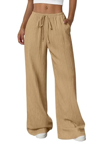 PRETTYGARDEN Womens Palazzo Pants Summer Fashion 2026 High Waisted Wide Leg Drawstring Flowy Beach Trousers with Pockets (Khaki,Large)