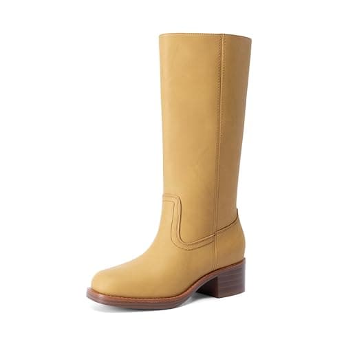 DREAM PAIRS Women's Mid Calf Riding Boots Square Toe Retro Banana Boots Chunky Block Heel Pull-On Fashion Boots,Size 8,Yellow,SDMB26004W
