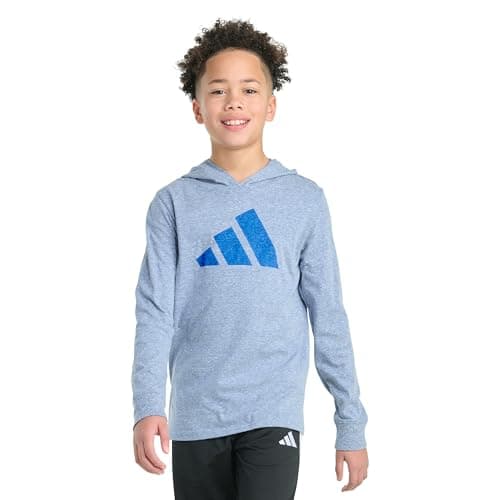 adidas Boys Long Sleeve Hooded Snow Heather Tee, Dark Blue Snow Heather, M (10/12)
