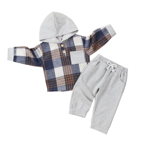 JOIMOCY Toddler Boy Clothes 4T Little Boys Fall Winter Outfits Long Sleeve Hooded Sweatshirt Clothing Sets, Grey Plaid Outfits 4-5T