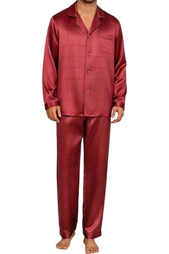 JupiterSecret Mens Silky Satin Pajamas Set Long Sleeve Button-Down Luxurious Pj 2 piece Sleepwear with Long Pants (Red Plaid,M)