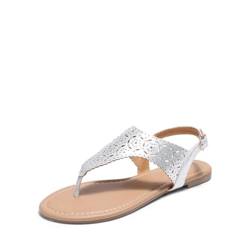 DREAM PAIRS Women's Rhinestone Casual Wear Cute Gladiator Flat Sandals Beach Dressy T-Strap Thong Sandals,Size 5,Silver,MEDINIE