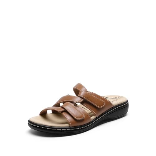 DREAM PAIRS Womens Slides Arch Support Slip on Flat Sandals Wide Plantar Fasciitis Soft Cushion Slippers With Adjustable Straps,Size 6.5W,Tan,SDSS2412W