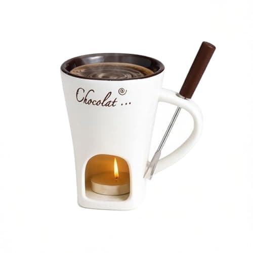 Ceramic Chocolate Fondue Mug, Personal Melting Pot with Fork & Candle, Versatile Warmer for Cheese, Caramel, Butter, Easy Clean, Sutiable for Romantic Date Night Wedding Gift(1, White)