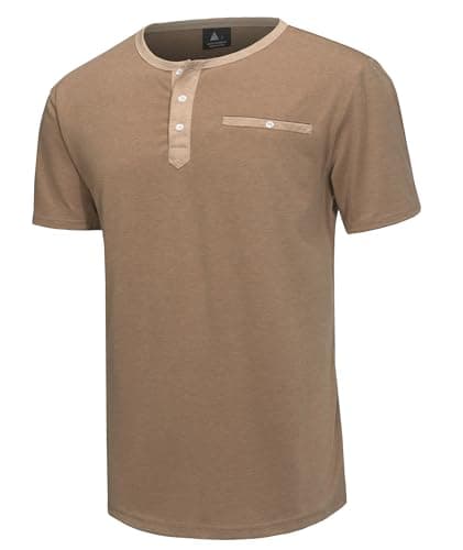 WENTTUO Short Sleeve Henley Shirts for Men Basic Summer Tee Shirt Business Casual Mens Henley Shirts with Pocket Brown Medium