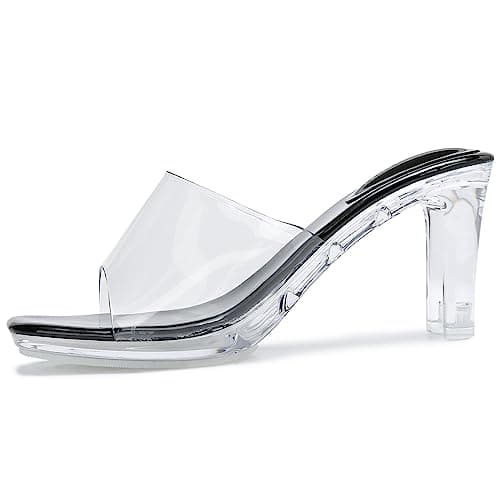 NBUUNBU Chunky Heels for Women Clear Platform Heels Sexy Block High Heels Sandals Square Toe Open Toe Transparent Strap Comfortable Dress Shoes Slip on Mules