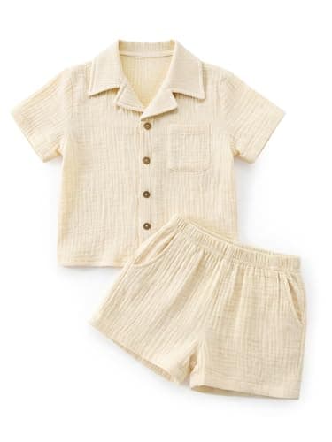 XMWEALTHY Todller Baby Boy Summer Clothes Color Block Short Sleeve Button Down Shirt Tops Cotton Pants Outfit Set Beige 12-18M