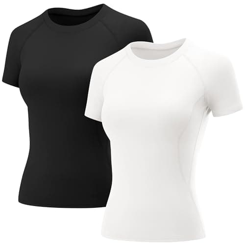 LOMON Women Short Sleeve Tops Quick Dry Workout Shirts Crewneck Raglan Slim Gym T Shirt Running Tennis Tees(2Pack Black/White,X-Small)