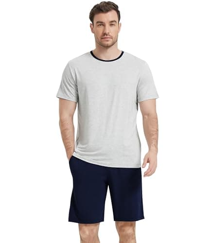 NACHILA Men's Pajama Set, Cooling Bamboo Viscose Short Sleeve Top & Shorts