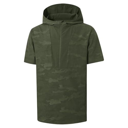 M MAELREG Short Sleeve Hoodies For Men Half Zip Pullover Athletic Kangaroo Pocket Golf Mens Hooded Sweatshirts Military Green