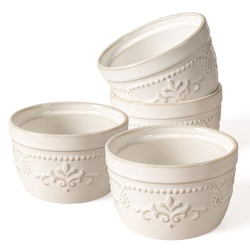 Artena Ramekins Oven Safe, Creme Brulee Ramekins, Embossed White Ceramic Ramiken, Souffle Pudding Custard Cups, Baking Dish, Dipping Bowls, Sauce Cups, Set Of 4 (4 oz, Damask Floral)