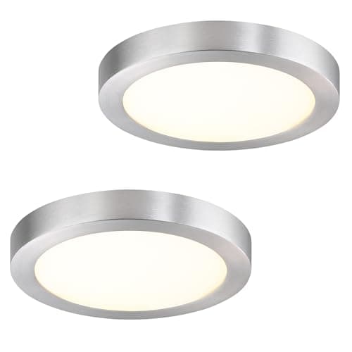 senroyal Flush Mount Ceiling Light Fixture, 7 Inch LED Modern Kitchen Light, Metal and Glass, Slim Dimmable Brushed Nickel Ceiling Light for Low Ceiling, 17W, 3000K, 2 Pack