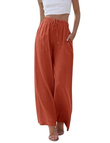 UMIPUBO Womens Linen Pants High Waisted Wide Leg Trousers Summer Palazzo Casual Pant Flowy Drawstring Beach Pants(Brick Red,M)