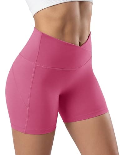 MAGCOMSEN Crossover Biker Shorts Women 4" No Front Seam High Waist Tummy Control Yoga Workout Gym Shorts Back Pocket Hot Pink XS