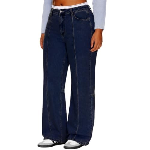 MARIASHA Pull On Women's Wide Leg Jeans High Waisted Stretchy Buttoned Denim Pants Jean Deep Blue 2XL