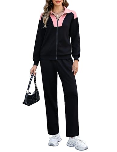 Totatuit Women's Two Piece Tracksuit Fall Winter 2025 Long Sleeve Zip Up Sweatshirt Long Pants Outfits Jogger Sweatsuit Sets Black+Pink Medium