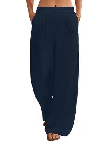 FireSwan Linen Pants Women Pleated Wide Leg Palazzo Pants with Pockets Navy