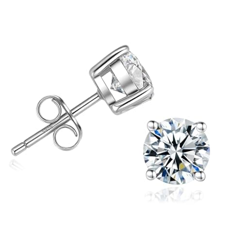 Handi Queen Moissanite Sterling Silver Stud Earrings, 18K White Gold Plated, 0.3CT 4mm Round Cut, D Color VVS1, for Men, Women