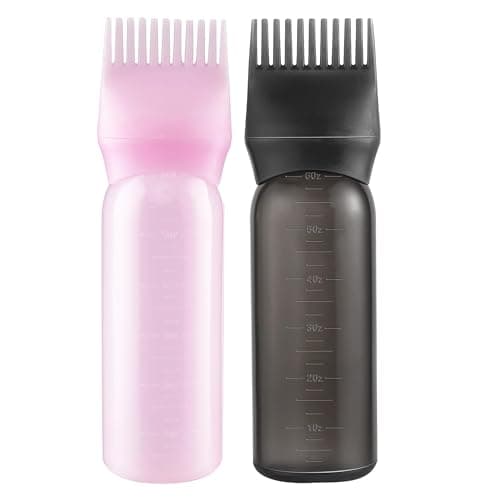 Pairswind 200ml Black & Pink Reusable Plastic Hair Oiling & Dye Application Bottle with Mist Spray & Continuous Spray, 3.2" x 6.1" Rectangular Bottle, 2-Pack with Scalp Massage Comb