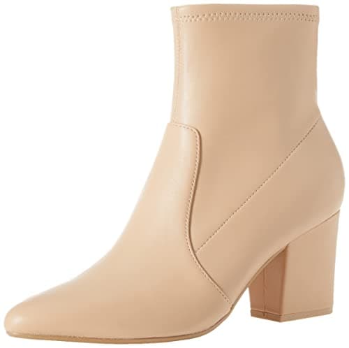 Amazon Essentials Women's Fitted Stretch Ankle Heel Boots with Pointed Toe, Beige Faux Leather, 12