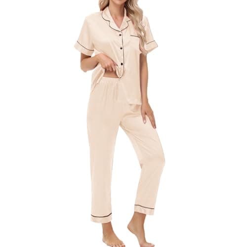 Exemaba Women Satin Pajamas Set Short Sleeve Top & Pant(Champagne, M)
