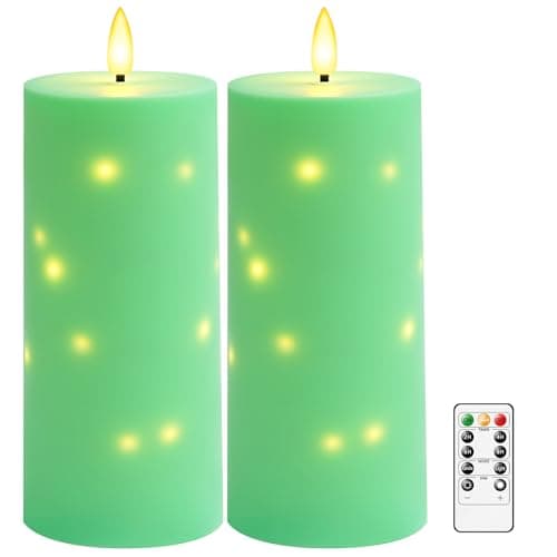 kakoya 10" x 4" Large Outdoor Waterproof Flickering Flameless Candles with Timer,2Pcs Battery Operated LED Pillar Candles with Embedded Star String for Outdoor Lanterns,Porch,Patio Decor(Green)