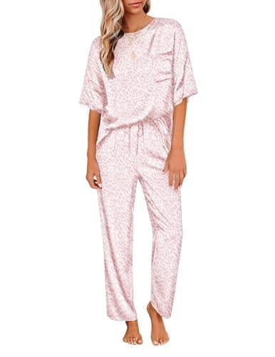 Ekouaer Womens Silk Pajamas Set Print Satin PJs Set Two Piece Pj Sets Sleepwear Loungewear Short Sleeve Lounge Set