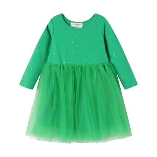 Mud Kingdom Little Girls Sparkly Tulle Dress Plain Cute Long Sleeve Princess Christmas Green 8-9 Years