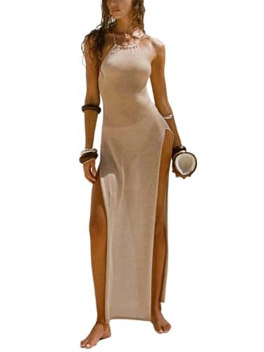 IYICLOTH Women's Swimwear Cover Ups Crochet Knitted Backless High Slit Beach Maxi Dress Coverups (beige, 2XL)