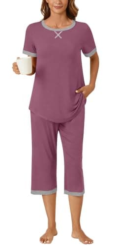 Bestbee Womens Pajama Set Plus Size, 2 Piece Lounge Outfits Sleepwear Short ShirtCapri Pants With Pockets Ladies Pjs, XL, Purple Red