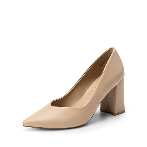 DREAM PAIRS Women’s High Chunky Closed Toe Block Heels Pointed Toe Wedding Party Elegant Slip On Pumps Shoes,Size 7,Nude/Pu,SDPU2229W