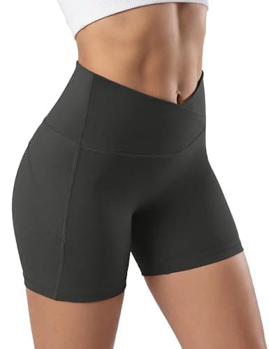 MAGCOMSEN Crossover Biker Shorts Women 4" No Front Seam High Waist Tummy Control Yoga Workout Gym Shorts Back Pocket Dark Grey XS