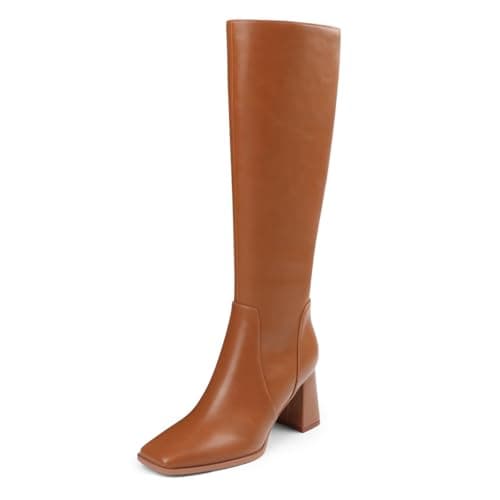 JOY IN LOVE Knee High Boots Women Chunky Block Heel Square Toe Zipper Boots Brown Matte US9.5