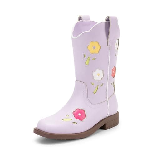 DREAM PAIRS Girls Cowboy Cowgirl Boots Floral Embroidered Western Square Toe Mid Calf Toddler Little Big Kid for Birthday Party Concert,Size 7 Toddler,Light Purple,KKUMMB2503