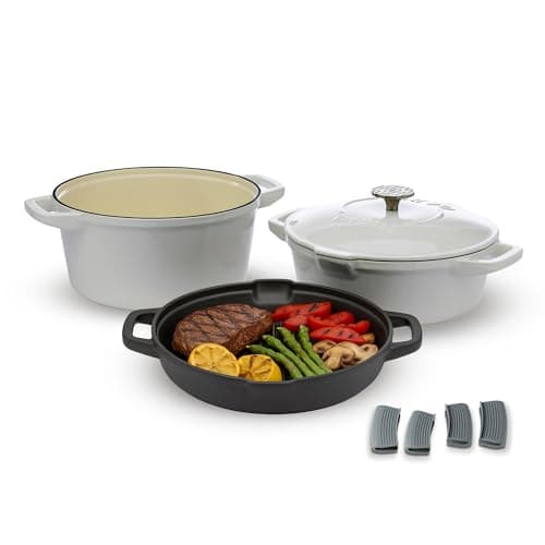 NATIVO 5pc Stackable Cast Iron Cookware Set, Versatile Enamel Dutch Oven, Seasoned Grill Pan & Enamel Braiser with Precision Pour Spouts, Universal Lid, Included Spacers/Handle Holders, White Dutch